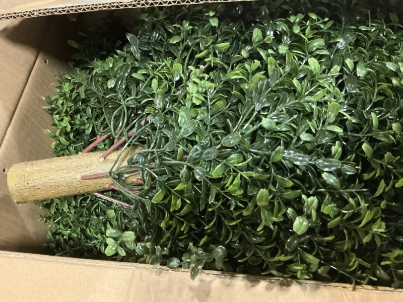 Condition photo showing Good Condition for 2 pack artificial boxwood topiary ball trees for outdoors, 27" faux boxwood topiary bush with metal ground spike uv resistant realistic evergreen for front porch, garden, yard & balcony decor boxwood-large