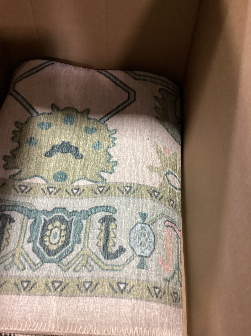 Condition photo showing Good Condition for fame living cream green oushak runner rug, modern runners, turkish, eclectic, floral, pastel, washable, small rugs, short runner for hallway, entryway, laundry, foyer, kitchen, bathroom, 2'5"x6'5" cream green 2'6" x 6'6" (rectangular)