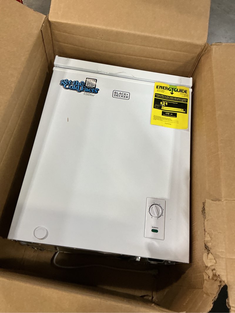 Condition photo showing As Is for BLACK+DECKER 2.0 Cu. Ft. Compact Chest Freezer, Deep Freezer Holds Up To 70 Lbs. of Frozen Food, Removable Storage Basket, Manual Defrost, White