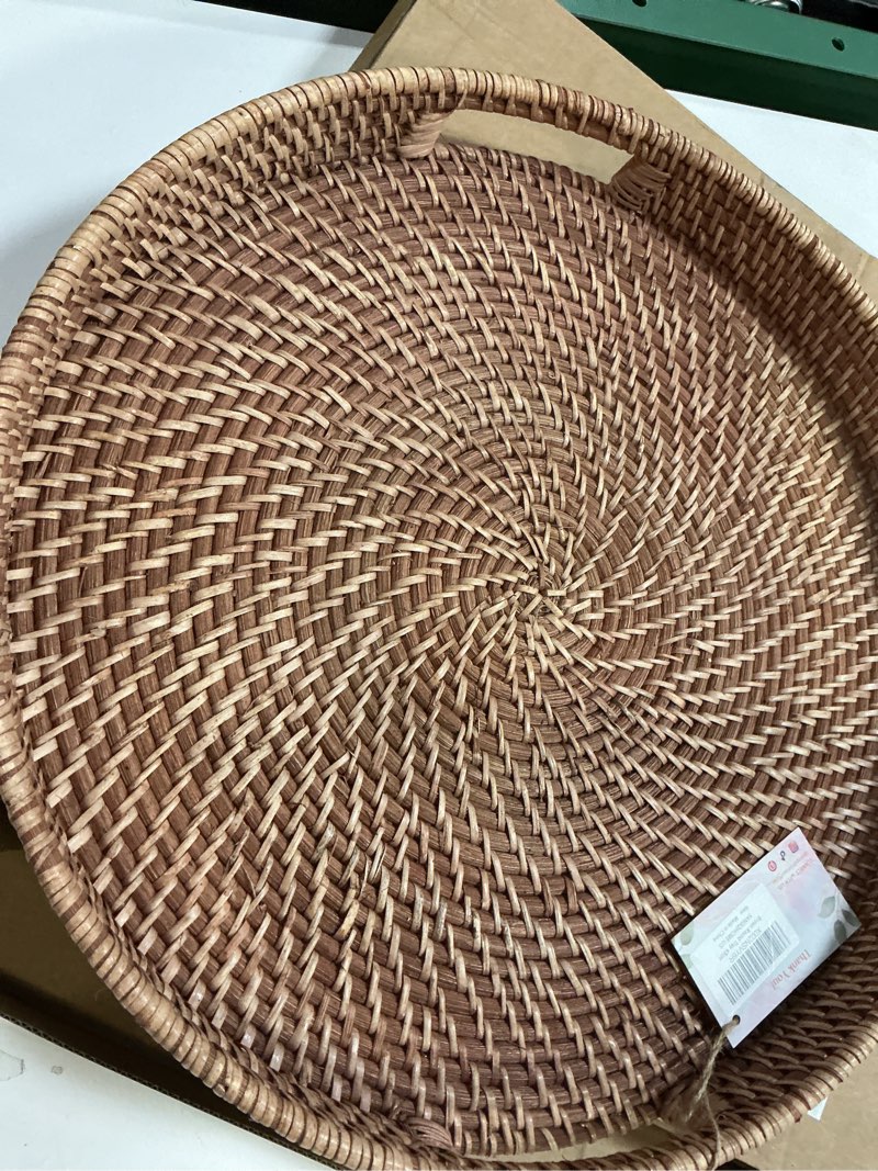 Condition photo showing Good Condition for 16.9 inch Rattan Tray, Round Wicker Tray with Cut-Out Handles, Woven Serving Tray for Dining/Coffee Table 16.9"