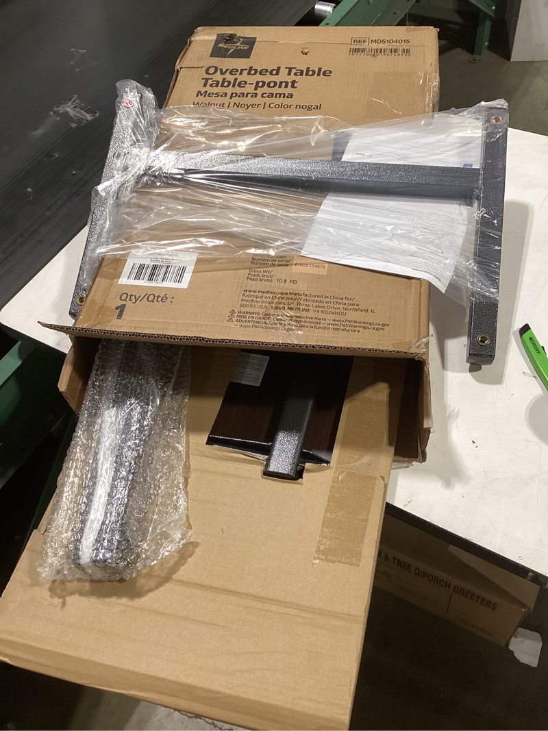 Condition photo showing Good Condition for Medline Economy Overbed Table with Wheels - Versatile Use for Home, Nursing Home, Assisted Living or Hospital - Walnut Top, Silver Hammertone Base - Adjustable & Portable