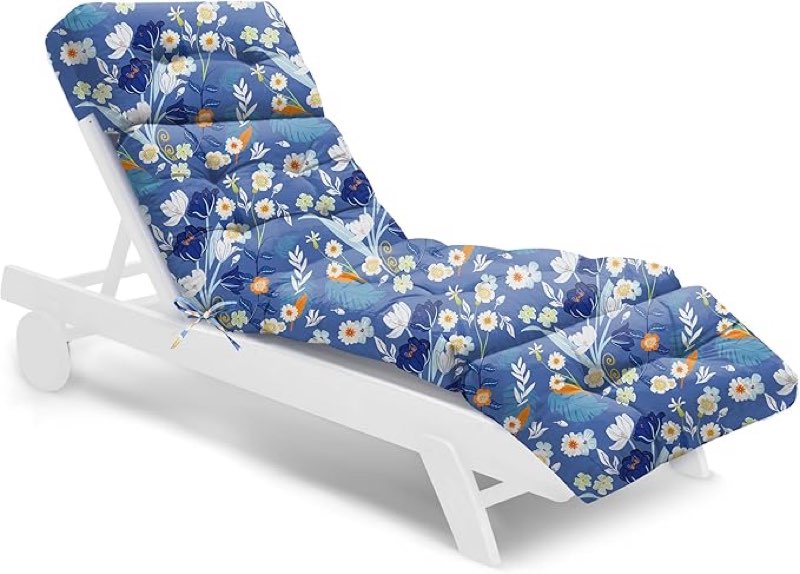 Waterproof Outdoor Chaise Lounge Chair Cushion 74.4 x 22 x 4.7 Inches Memory Foam Lounge Chair Cushions for Outdoor Furniture with Ties, Thickened Pool Lounge Chair Cushion, Blue Floral