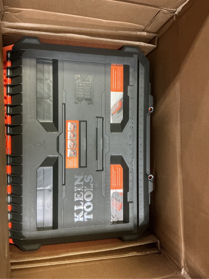 Condition photo showing Good Condition for klein tools 54100mbx modbox rolling tool box, heavy duty portable tool organizer with side mounting, 10-inch rubber wheels, removable handle, deep stackable set