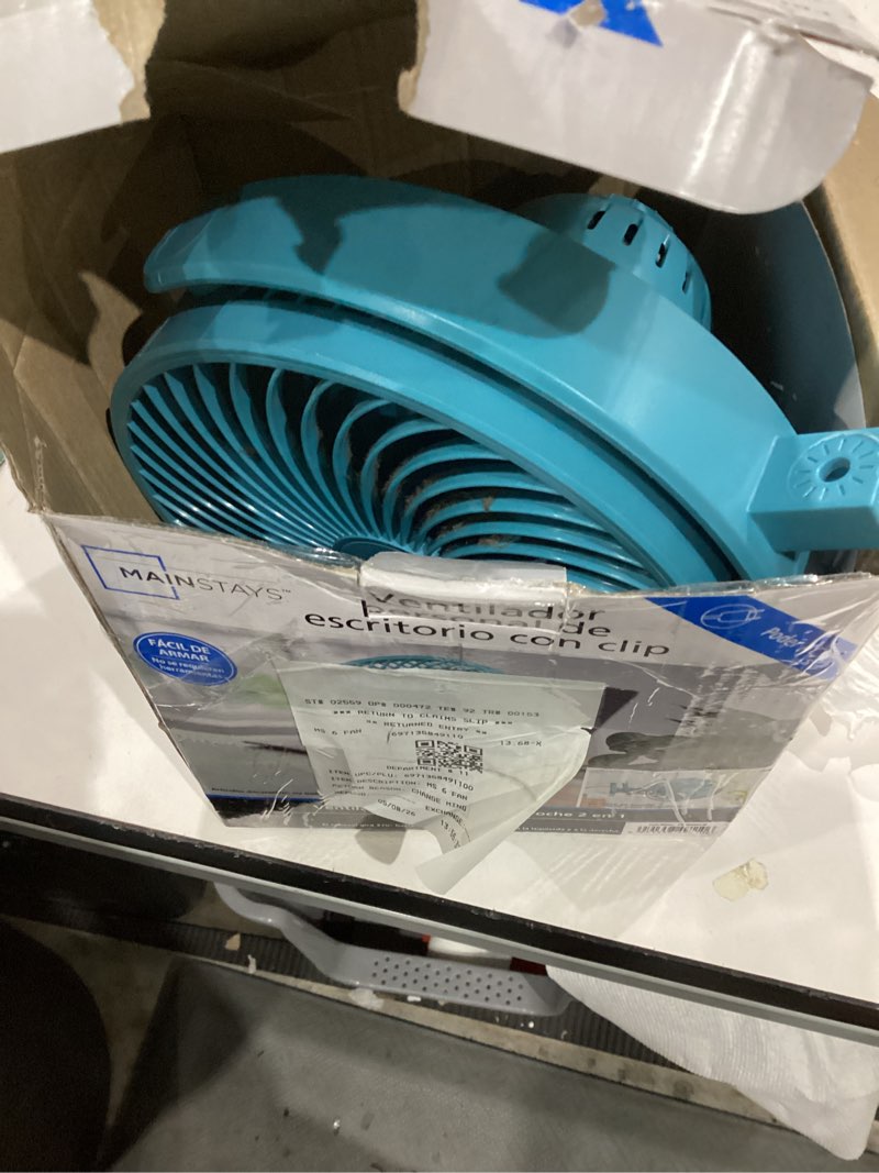 Condition photo showing As Is for mainstays 6-inch new style desktop or clip-on ac electric personal indoor fan with 2 speeds, cool water