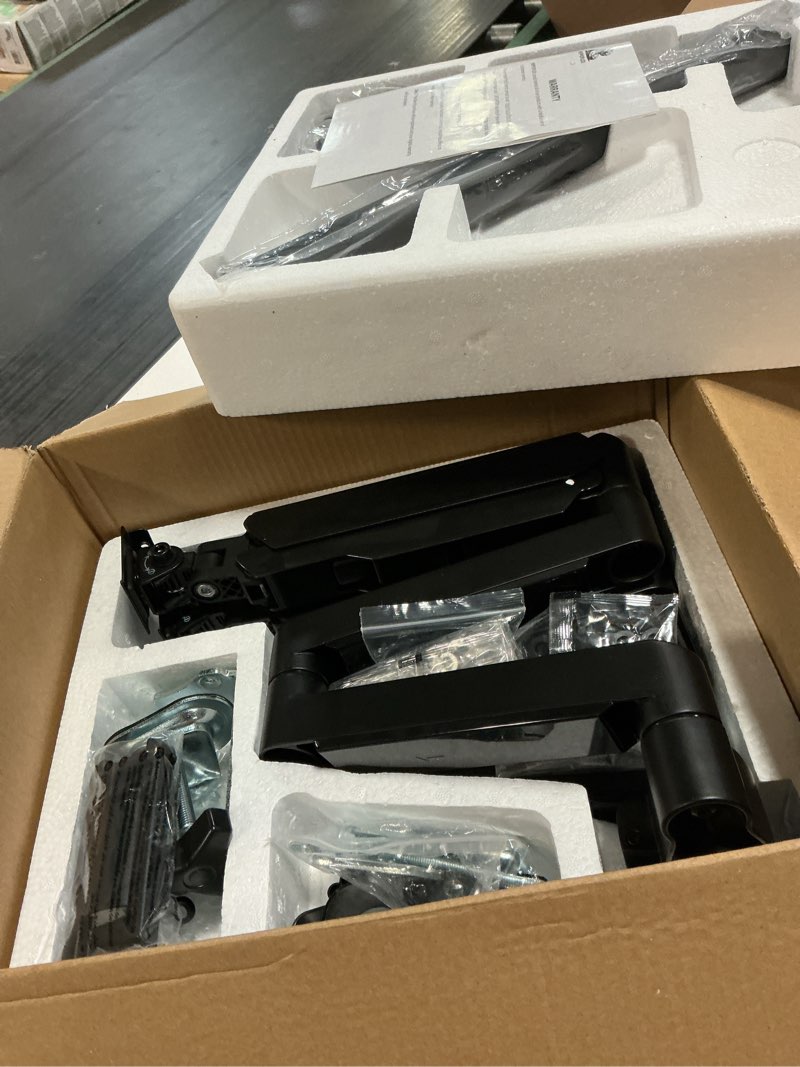 Condition photo showing New/Like New for triple monitor desk mount, 3 screen arms for flat/curved screens up to 27 inch, hold up to 17.6lbs each, fully adjustable gas spring monitor stand, vesa 75x75/100x100