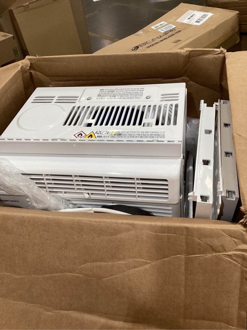 Condition photo showing As Is for amazon basics 5000-btu window air conditioner with quiet operation, up to 150 sqf, cool and fan functions, washable filter, adjustable window kit, intuitive mechanical controls, for small room, white white 5000 btu