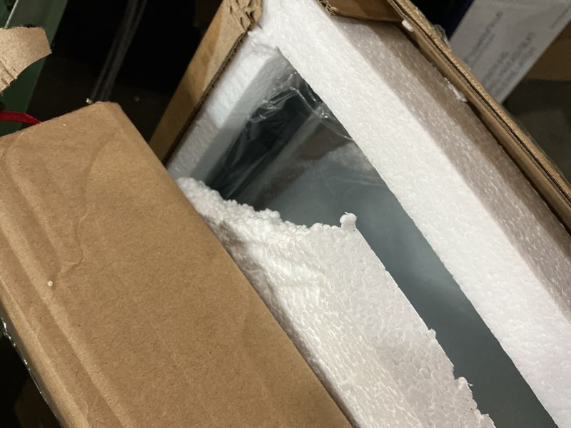 Condition photo showing New/Like New for black bathroom mirror 22x30 inch, rounded corner rectangle mirror with metal deep frame, wall mirrors for over sink, vanity, bedroom, bathroom, hangs horizontally or vertically 30"l x 22"w rounded corner black