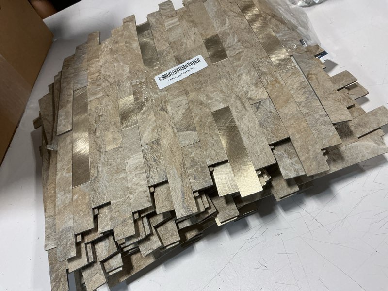 Condition photo showing Good Condition for yipscazo 40 sheets peel and stick stone metal tile backsplash, stick on tiles for backsplash kitchen, bathroom, laundry room, camper, fireplace (12'' x 12'', rustic stone)(pack of 2)