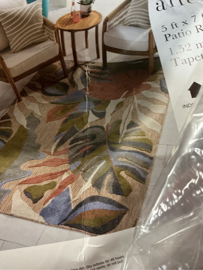 Condition photo showing Good Condition for allen + roth with stainmaster floral palm 5 x 7 (ft) loomed polypropylene multiple colors rectangular outdoor area rug