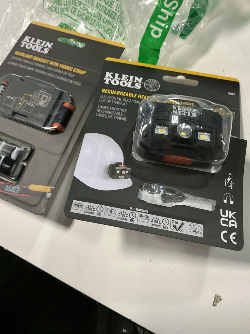 Condition photo showing As Is for Klein Tools 80174 (2) Rechargeable LED Headlamps with Headlamp Bracket and Fabric Strap, 300 Lumen All-Day Runtime, for Klein Hard Hats, 3-Piece 2x Headlamps