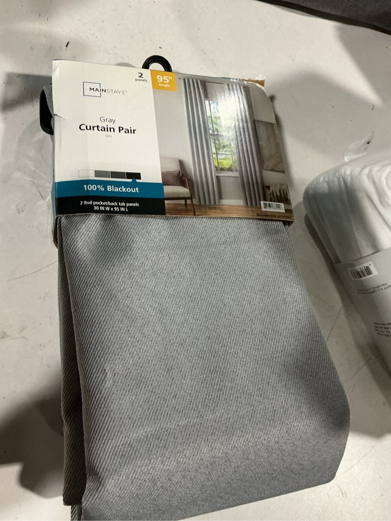 Condition photo showing As Is for mainstays gray solid blackout rod pocket with back tabs curtain panel pair, set of 2, 30" w x 95" l