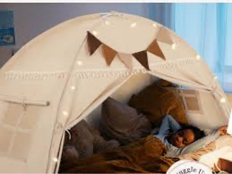 Lanabuna Full Size Bed Tent Canopy, Kids Play Tent with Flags & Star Lights, Canopy on Bed Privacy S