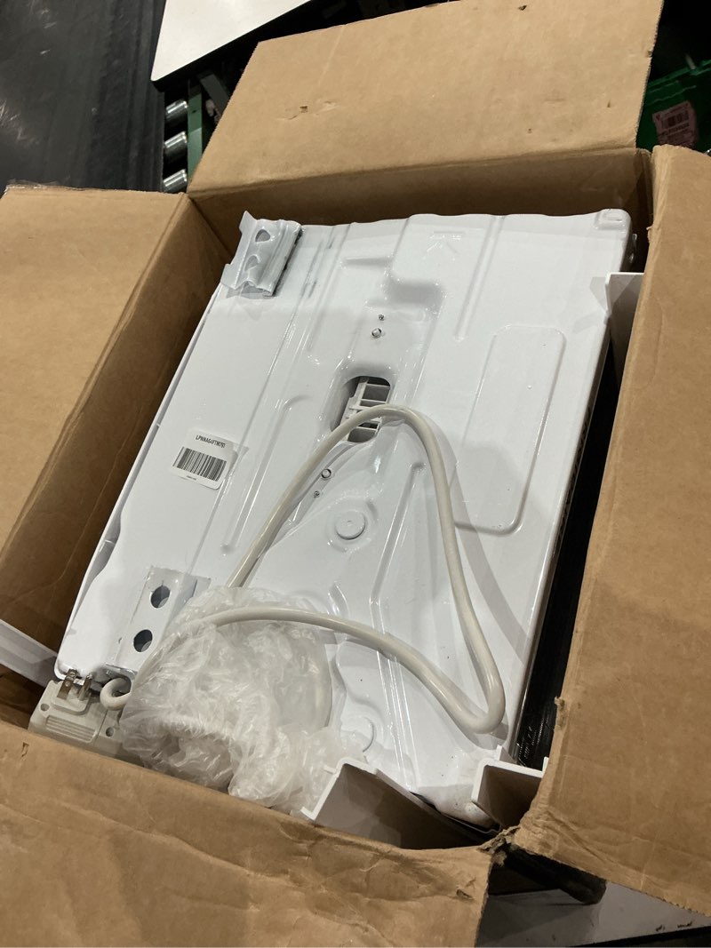 Condition photo showing As Is for frigidaire 5,000 btu window-mounted air conditioner, cools up to 150 sq. ft., quiet operation, effortless temperature control, 2 fan speeds, auto restart, white 5,000 btu mechanical controls