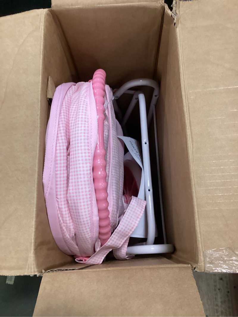 Condition photo showing As Is for Pink Gingham Doll Toy Pram, Carrier and Stroller