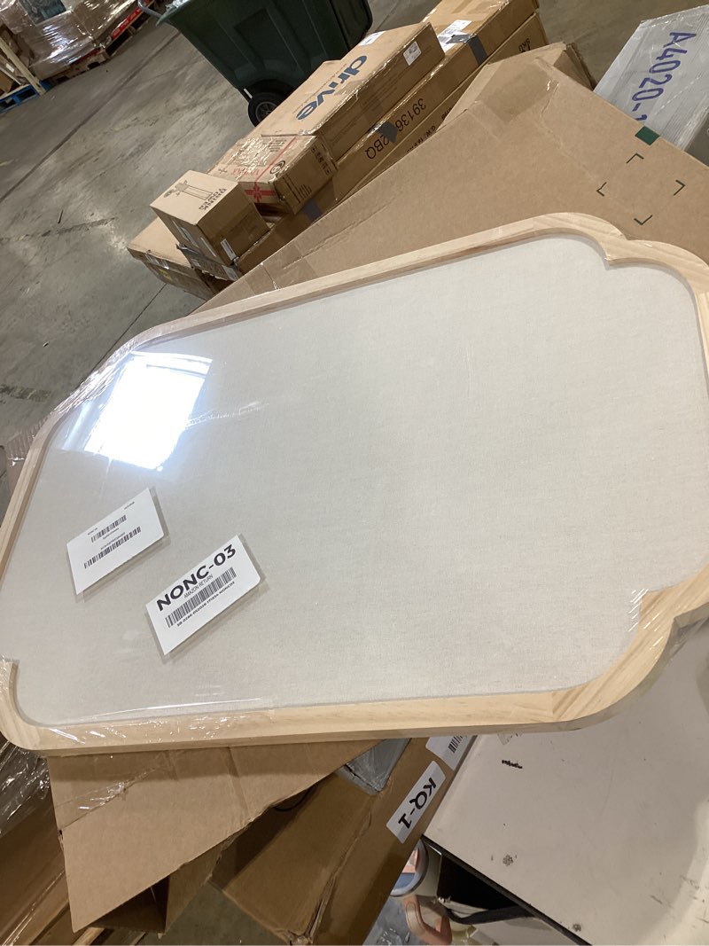 Condition photo showing Good Condition for modern scalloped pinboard, 20" x 30" rustic fabric bulletin board, natural wood, decorative pin board for farmhouse, home office & vision board display