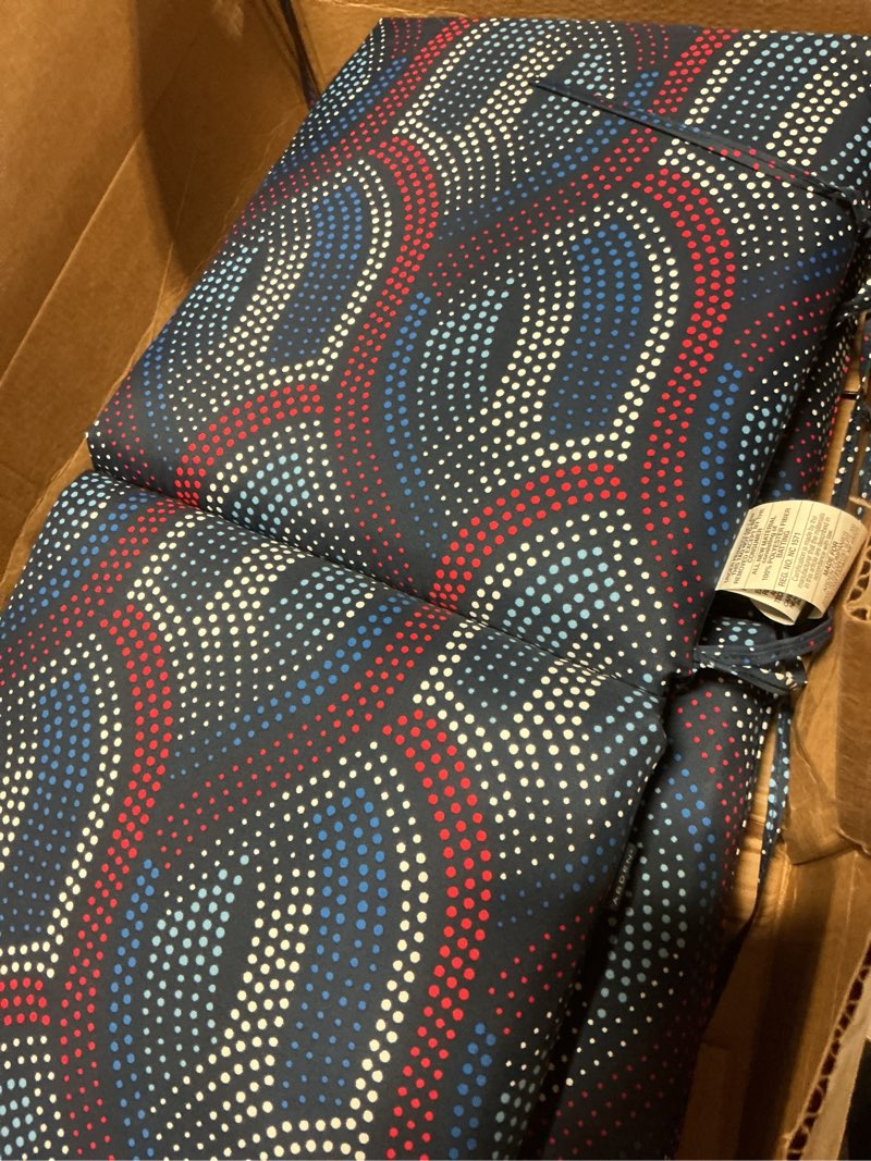 Condition photo showing Good Condition for arden outdoor midback chair cushion, 18 x 16.5, rain-proof, fade resistant sapphire liberty mosaic 2 pack