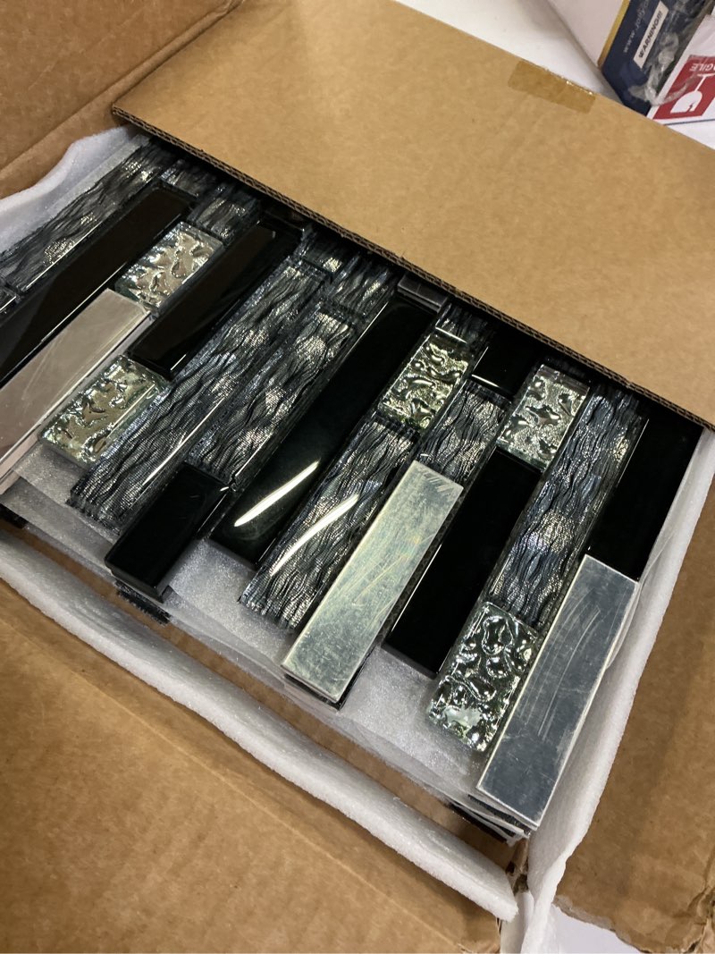 Condition photo showing Good Condition for blujellyfish glass metal tiles art mosaic silk black crystal glass chrome silver steel accent wall border kitchen bath backsplash tile tstnb12 (5 square feet)