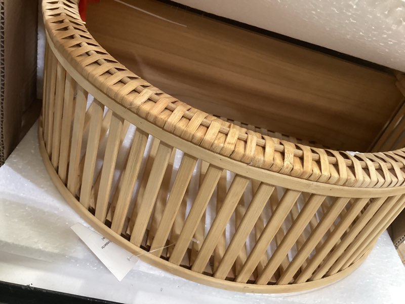 Condition photo showing As Is for synovana rattan wall shelf - 3 tier boho oval floating shelf handcraft hanging shelves for bathroom living room wall decor, 16.14" x 28.54"