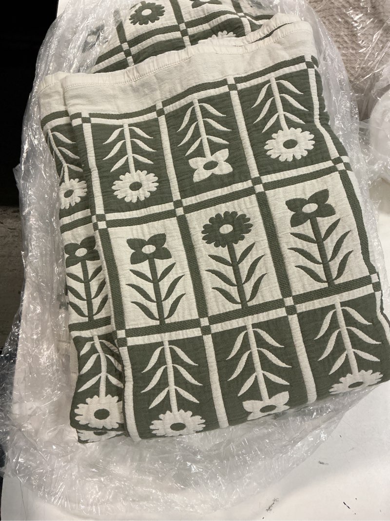Condition photo showing New/Like New for quince stock dried sage organic cotton jacquard sage floral coverlet  king cali king
