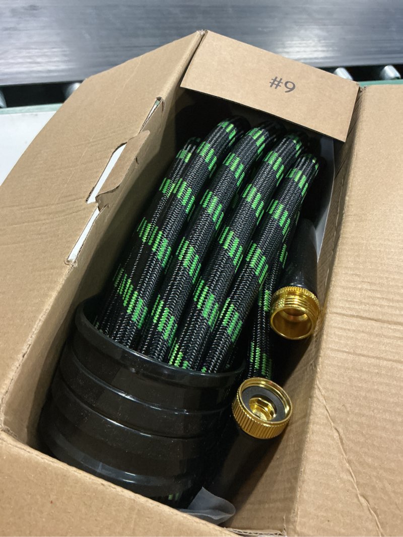 Condition photo showing New/Like New for garden hose 100 ft, non-expanding water hose with 10 pattern spray nozzle, lightweight flexible kink-resistant garden hose, durable outdoor hose for yard, lawn, patio, garden, car washing, black green 100ft