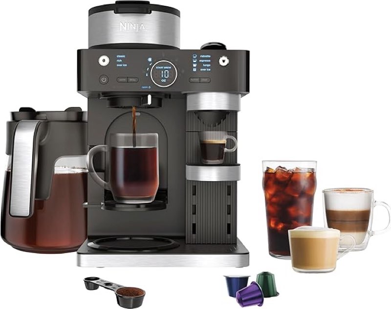 Ninja CFN602 Espresso & Coffee Barista System with Ristretto Function, Single-Serve Coffee, Compatible with Nespresso Capsule, 12-Cup Carafe, Built-in Frother, Cappuccino & Latte Maker