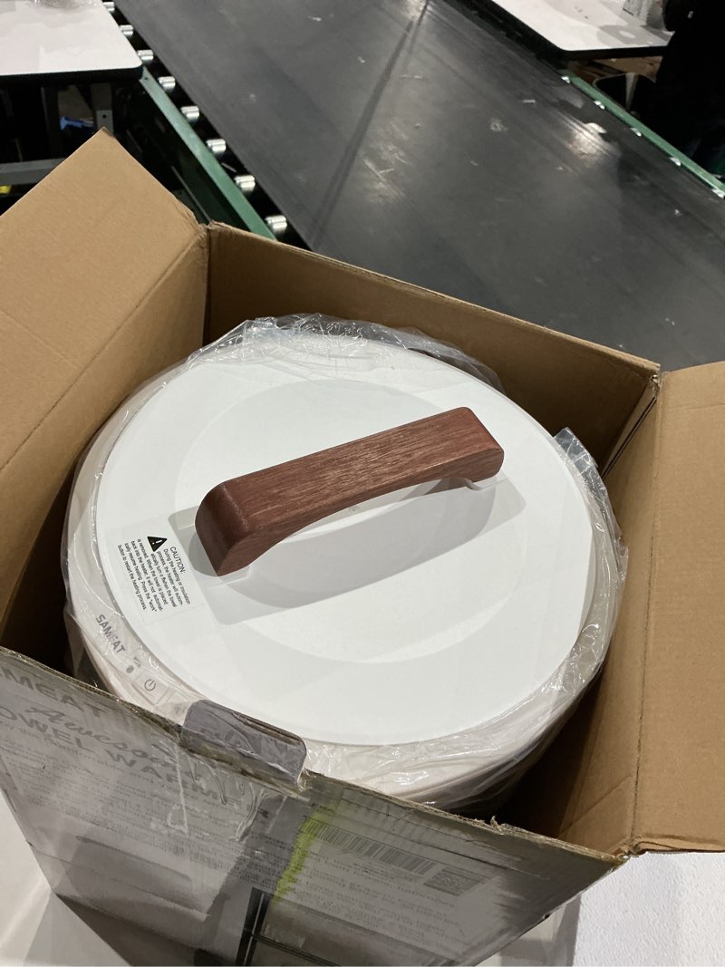 Condition photo showing As Is for sameat heated towel warmers for bathroom - large towel warmer bucket, wood handle, auto shut off, fits up to two 40"x70" oversized towels, white