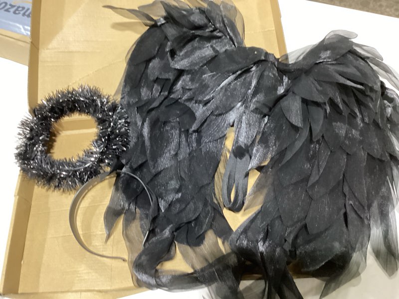 Condition photo showing New/Like New for Angel Wings and Halo Headband for Women Adults Girls - Chiffon Fairy Wings, Costume for Halloween Christmas Party Cosplay Medium Black