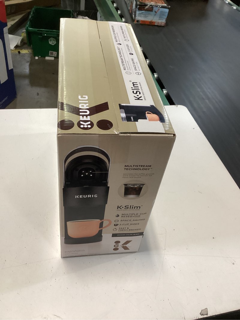 Condition photo showing New/Like New for keurig k-slim single serve k-cup pod coffee maker, multistream technology, 3 brew sizes, slim and sleek design, 46oz removable reservoir, black