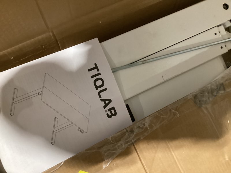 Condition photo showing New/Like New for TIQLAB Electric Height Adjustable Standing Desk 47.2×23.6 inch, Sit Stand Desk with Splice Board, Memory Controller, White Frame & Maple Top Computer Workstation for Home Office 47*24 inch Maple