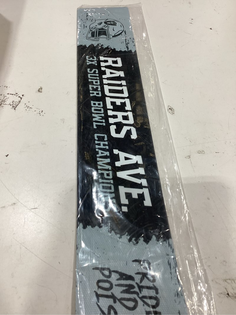 fanmats 48444 nfl - las vegas raiders flat metal street sign | silver & black | 24"x4" | "raiders av