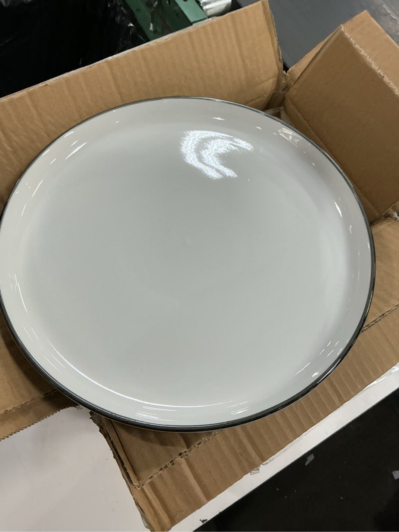 Condition photo showing New/Like New for gibson home oslo 8-piece porcelain chip and scratch resistant dinner plate set – white with black rim, microwave & dishwasher safe white w/ black rim (dinner plates)