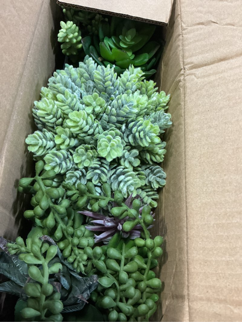 Condition photo showing Good Condition for winlyn 14" artificial succulent plants arrangement assorted faux succulents in rustic black rectangular wooden planter box faux potted plant decor for farmhouse home windowsill shelf table centerpiece succulent in black