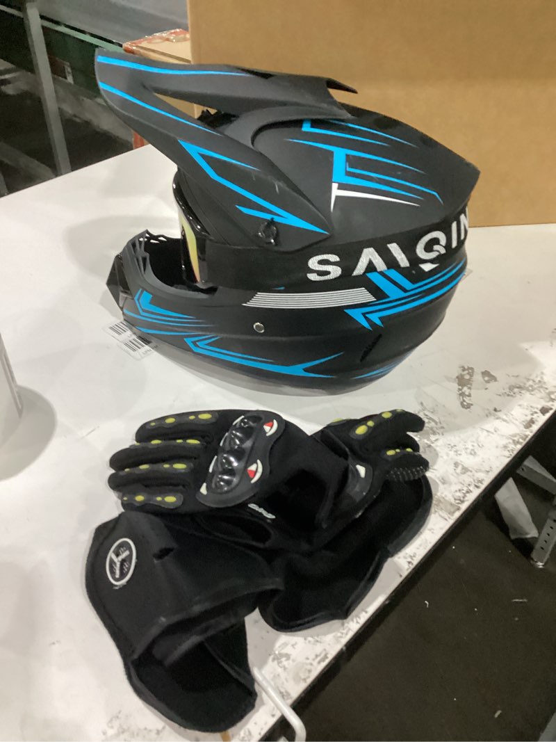 Condition photo showing As Is for Motocross Helmet,Youth & Kids ATV Dirt Bike Motorcycle, BMX 4-Wheeler Off-Road Mountain Bike Helmet,DOT Certified,W/Gloves Goggles Mask 4-Piece Set (01 Blue, Small) Small 01 BLUE
