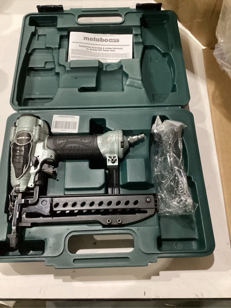Condition photo showing Good Condition for not tested ***metabo hpt finish stapler | pro preferred brand of pneumatic nailers | 18 gauge | 1/4-inch narrow crown | accepts 1/2-inch to 1-1/2-inch staples | ideal for trim work, furniture & cabinetry | n3804ab3