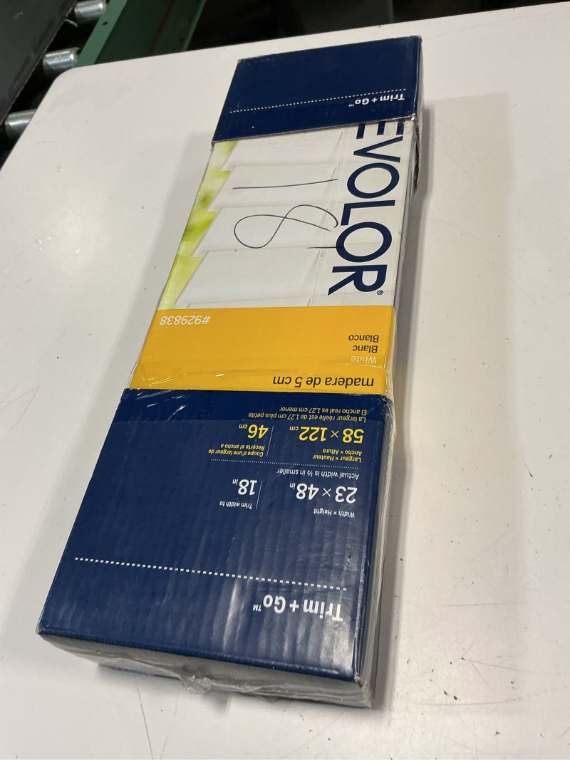 Condition photo showing As Is for levolor trim+go 2-in slat width 23-in x 48-in cordless white faux wood room darkening horizontal blinds
