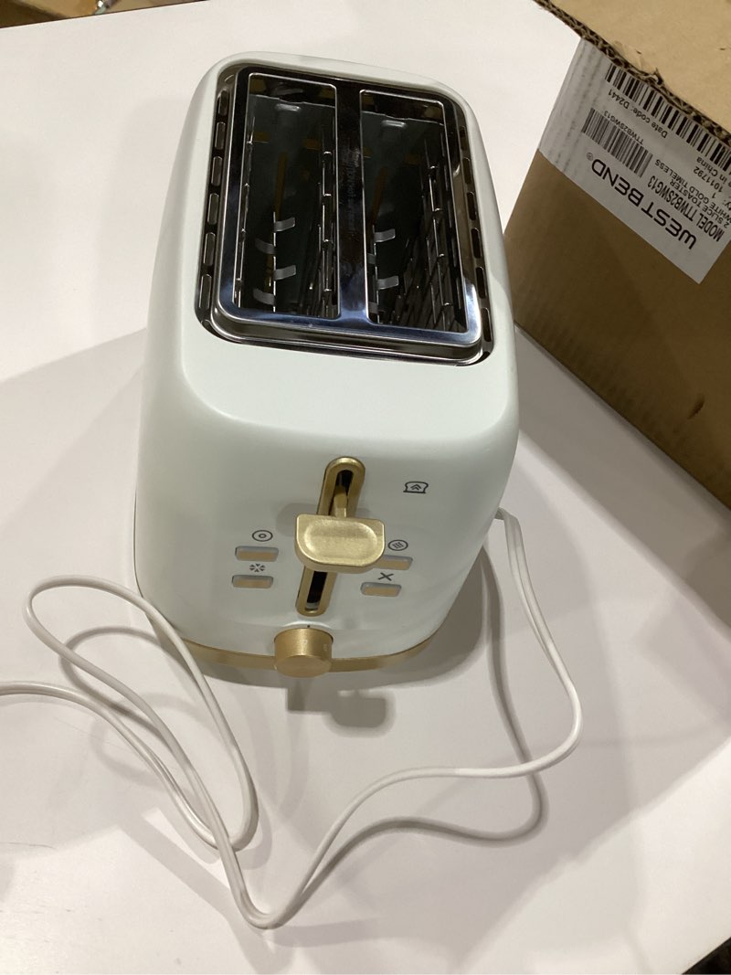 Condition photo showing New/Like New for West Bend Timeless 2-Slice Toaster with 7 Browning Levels, Bagel/Waffle/Defrost Settings, High-Lift Lever, Anti-Jam, Easy-Clean Crumb Tray, 2-Slice, White/Gold, NOT TESTED