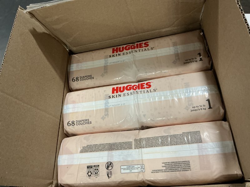 Condition photo showing New/Like New for Huggies Size 1 Diapers, Skin Essentials Baby Diapers, Size 1 (8-14 lbs), 204 Count (3 Packs of 68), Packaging May Vary Size 1 204