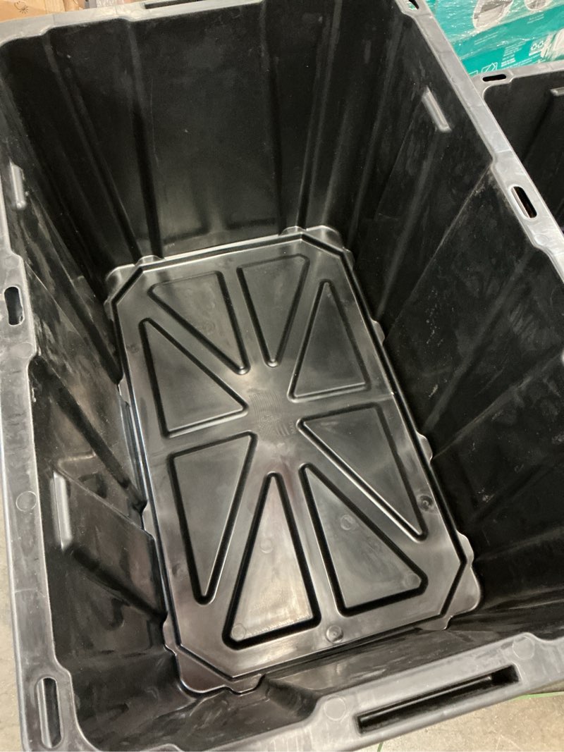 Condition photo showing As Is for (incomplete no lid) hdx 27 gal. tough storage tote in black and yellow