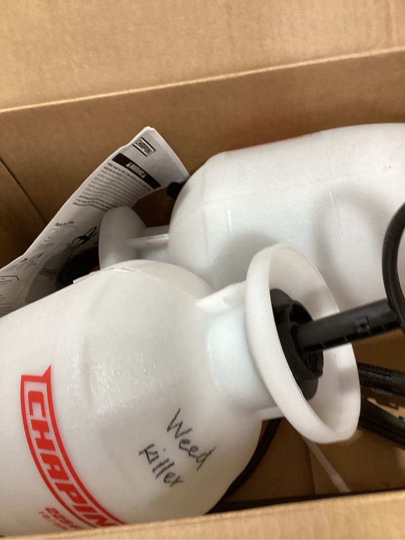 Condition photo showing As Is for chapin 20004 pump sprayer, 1-gallon surespray translucent tank with an easy fill funnel-top opening, adjustable cone nozzle & 34" long reach hose, used for fertilizer, pesticides, weeds & pests