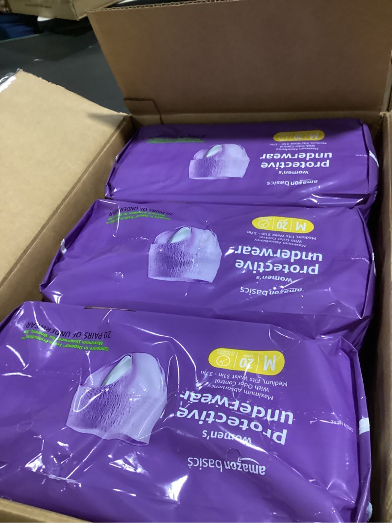 Condition photo showing Good Condition for amazon basics incontinence underwear for women, protective, disposable, postpartum, maximum absorbency, medium, lavender, 60count medium 20.0
