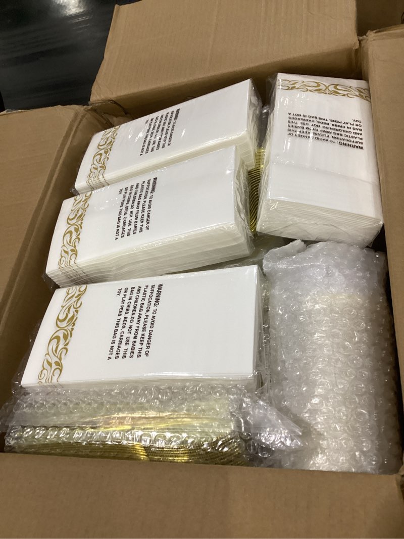 Condition photo showing New/Like New for goodluck 700 pieces gold dinnerware set for 100 guests, disposable for party, include: 100 gold rim dinner plates, 100 dessert plates, 100 paper napkins, 100 cups, 100 plastic silverware set gold 100 guests