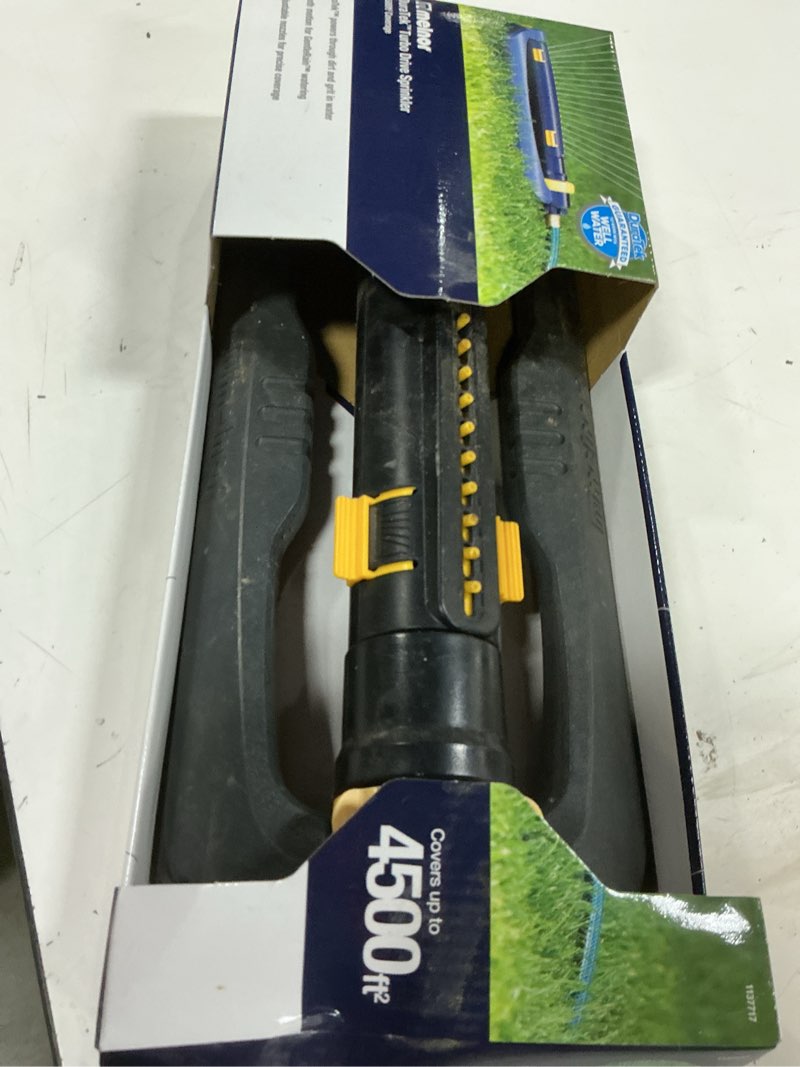 Condition photo showing As Is for melnor duratek 4500-sq ft oscillating sled lawn sprinkler