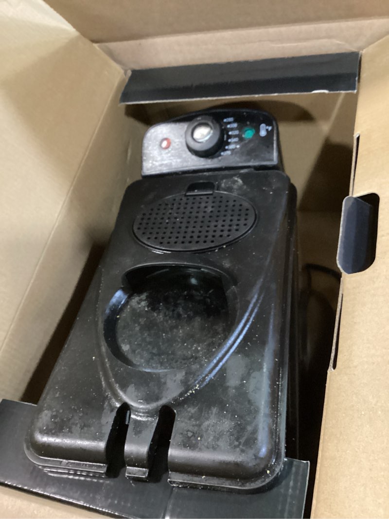 Condition photo showing As Is for OVENTE Electric Deep Fryer 2 Liter Capacity, 1500 Watt Lid with Viewing Window and Odor Filter, Adjustable Temperature, Removable Frying Basket and Easy to Clean Stainless Steel Body, Silver FDM2201BR FDM2201BR - Silver