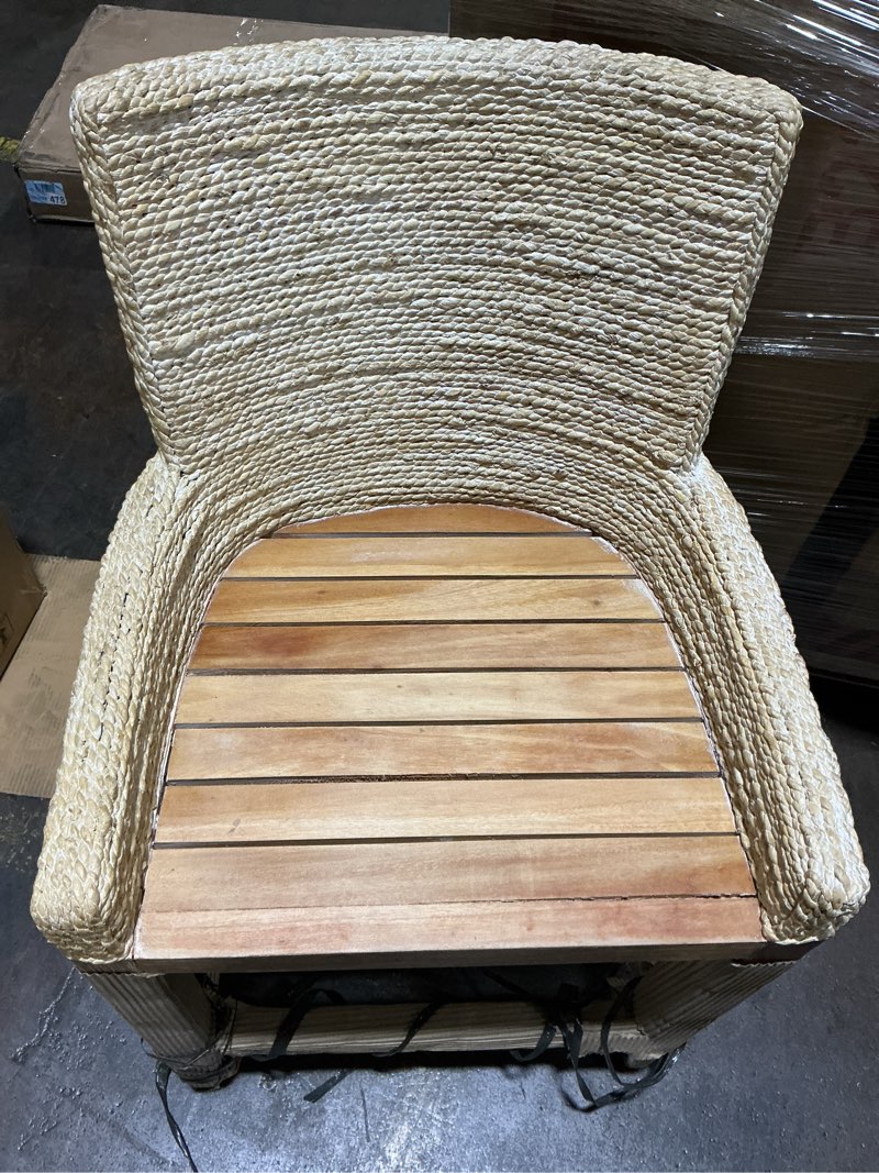 Condition photo showing As Is for similar counter stool with natural seagrass woven back and a mahogany wood frame.