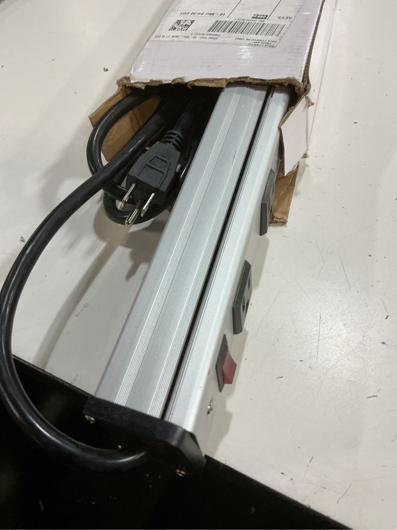 Condition photo showing As Is for 20 outlet heavy duty metal socket power strip,15-foot long extension cord with circuit breaker. mounting brackets included,workshop/industrial use,etl certified 20 outlets