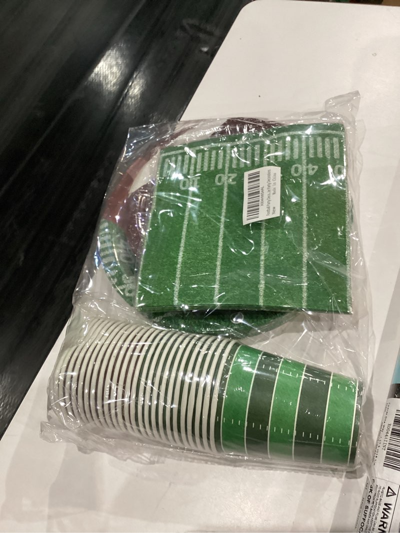Condition photo showing New/Like New for Football Party Decorations Set Serve 24, Football Party Supplies Kit Includes Dinner Plates, Dessert Plates, Napkins, Cups for Football Birthday Party Football Game Day Tailgate Party Decorations
