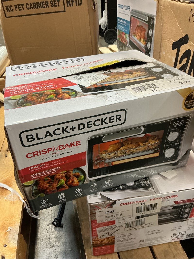 Condition photo showing As Is for black+decker crisp ‘n bake pro stainless steel 4-slice air fryer toaster oven