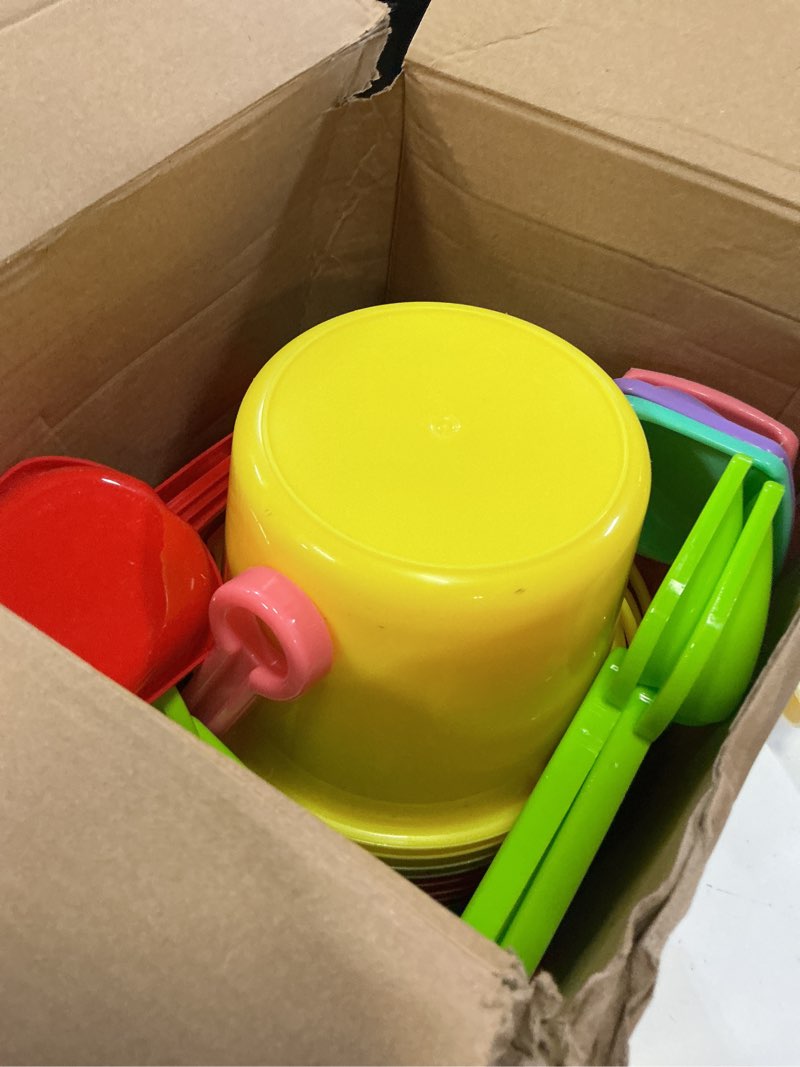 Condition photo showing New/Like New for junkin 48 pcs mini plastic beach buckets and shovels for kids 6.3" colored plastic small beach pail with shovels and sandbox toys for summer party gift and prize(cute)