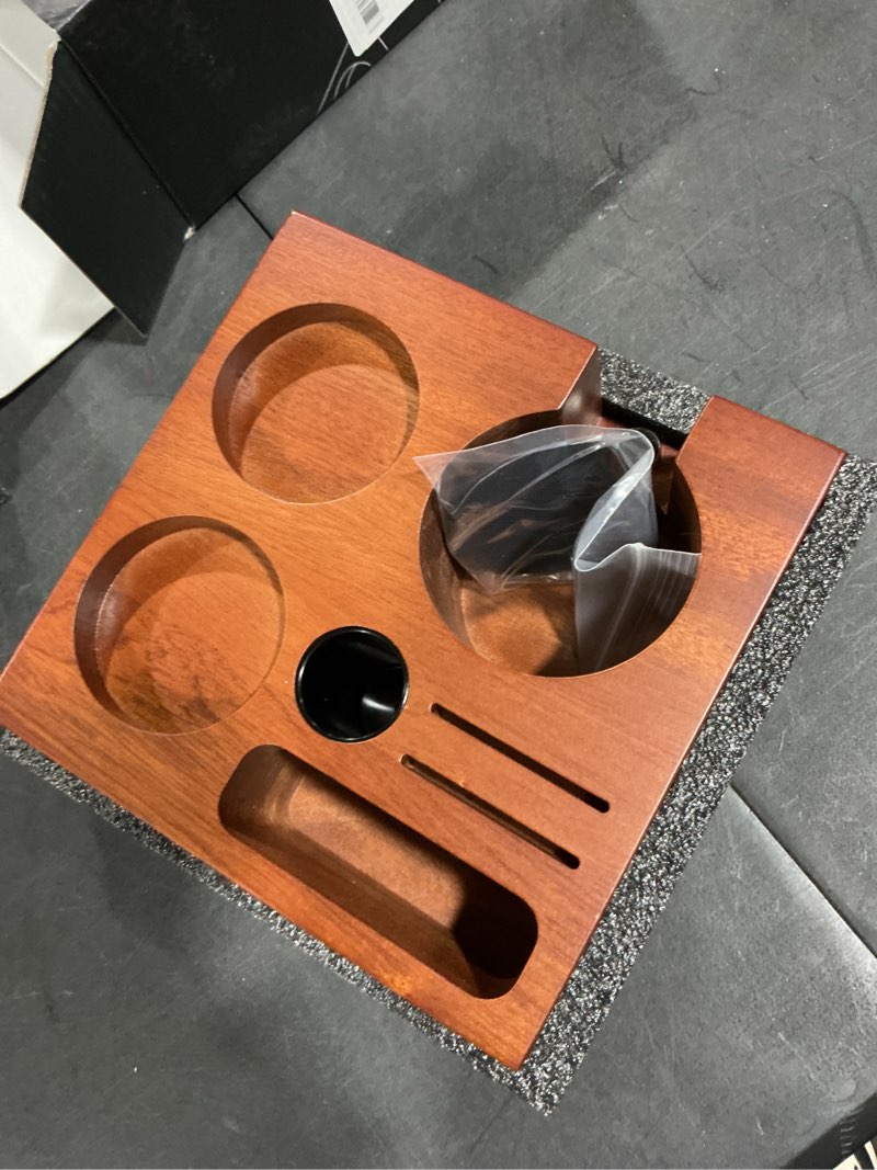 Condition photo showing Good Condition for Espresso Accessories Organizer Box 58mm Espresso Tamping Station Rosewood Espresso Tools Stand for Tamper, Portafilter, Distributor, Funnel, WDT and Filter Basket