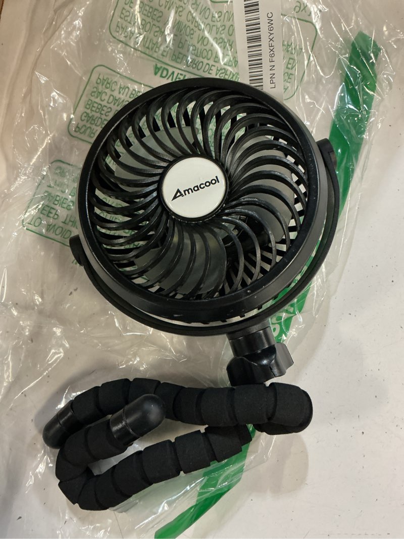 Condition photo showing As Is for amacool battery operated stroller fan, baby travel essentials for beach disney, newborn boy & girl showers gifts registry search, rechargeable clip on fan for car seat wagon crib bike treadmill black